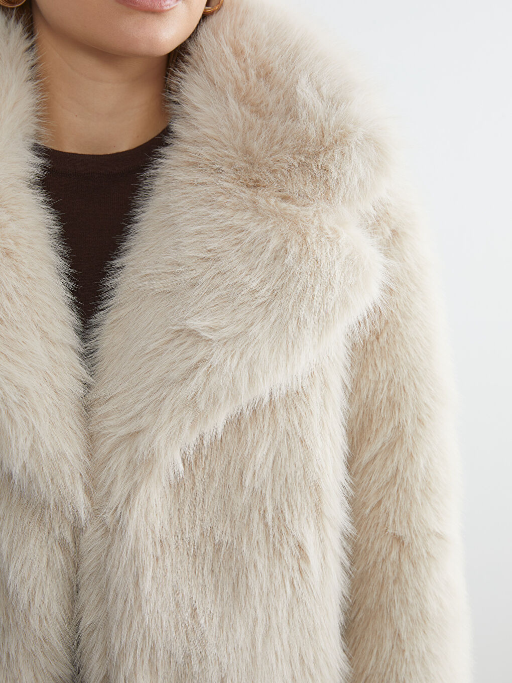 Ekru Ceket Yaka Kadın Kürk Mont-4