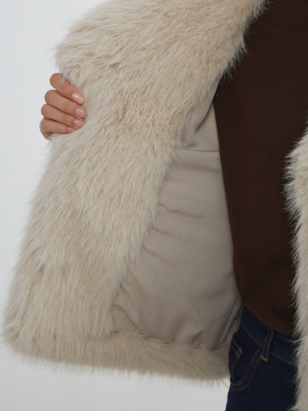 Ekru Ceket Yaka Kadın Kürk Mont-5