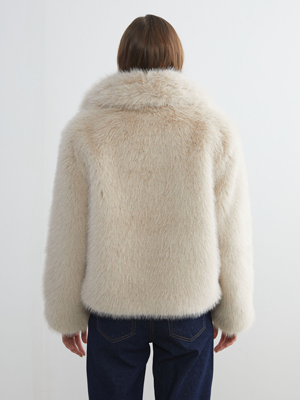 Ekru Ceket Yaka Kadın Kürk Mont-6