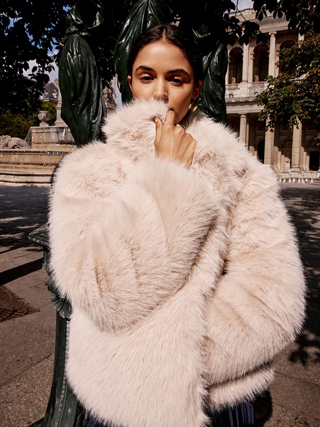 Ekru Ceket Yaka Kadın Kürk Mont-1