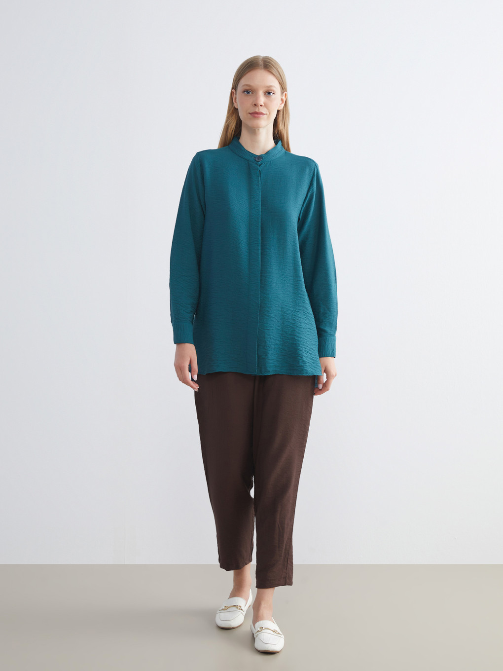Tunique Chemise Col Mao Pour Femmes-3