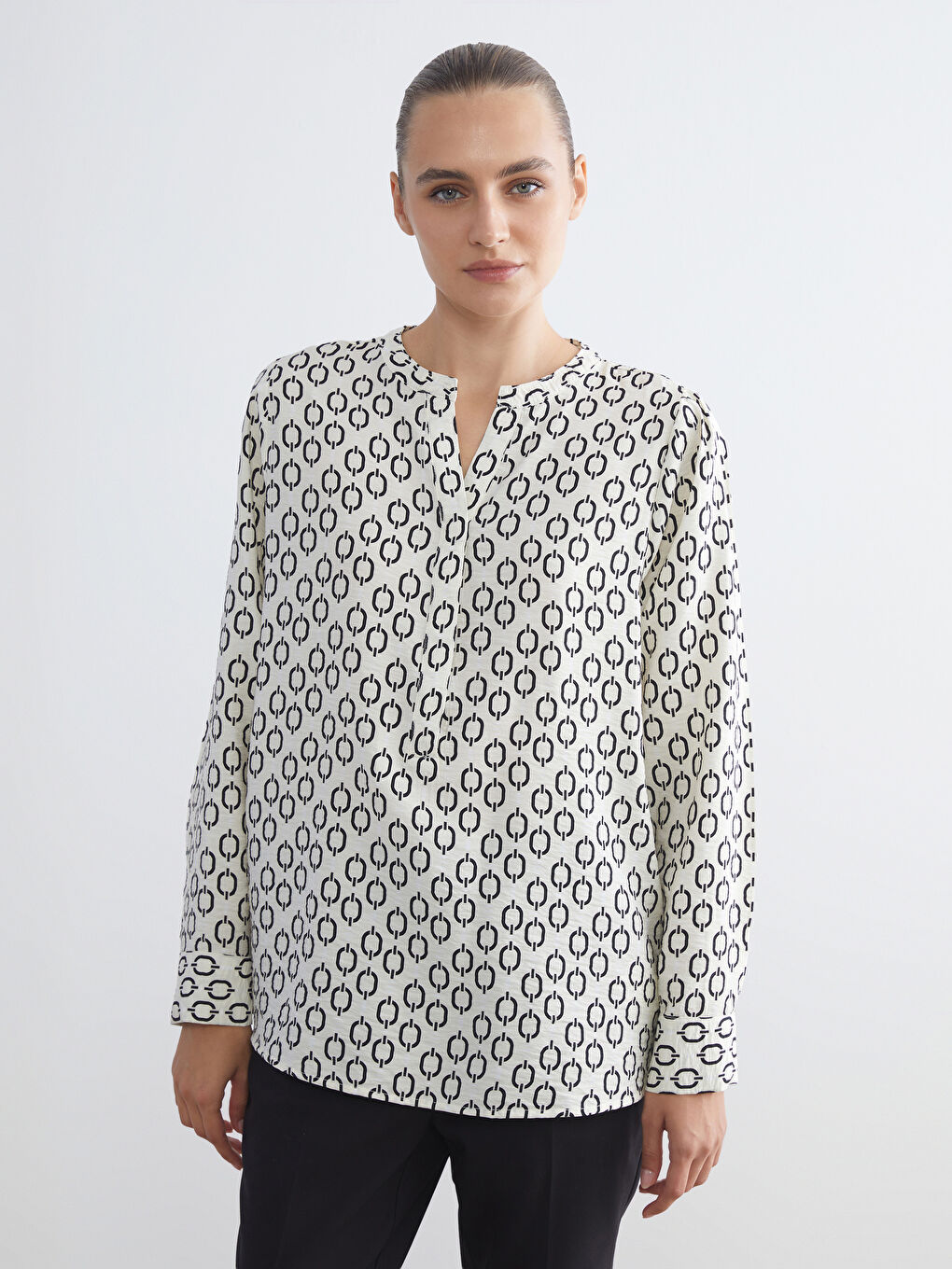 Notch Neck Patterned Blouse