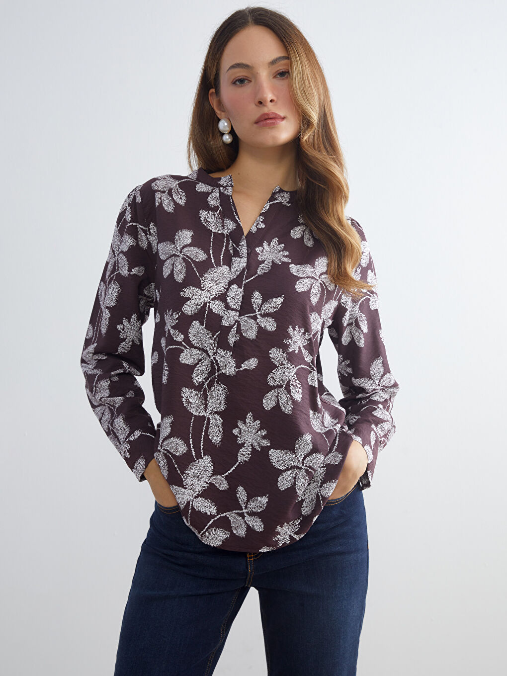 Notch Neck Patterned Blouse