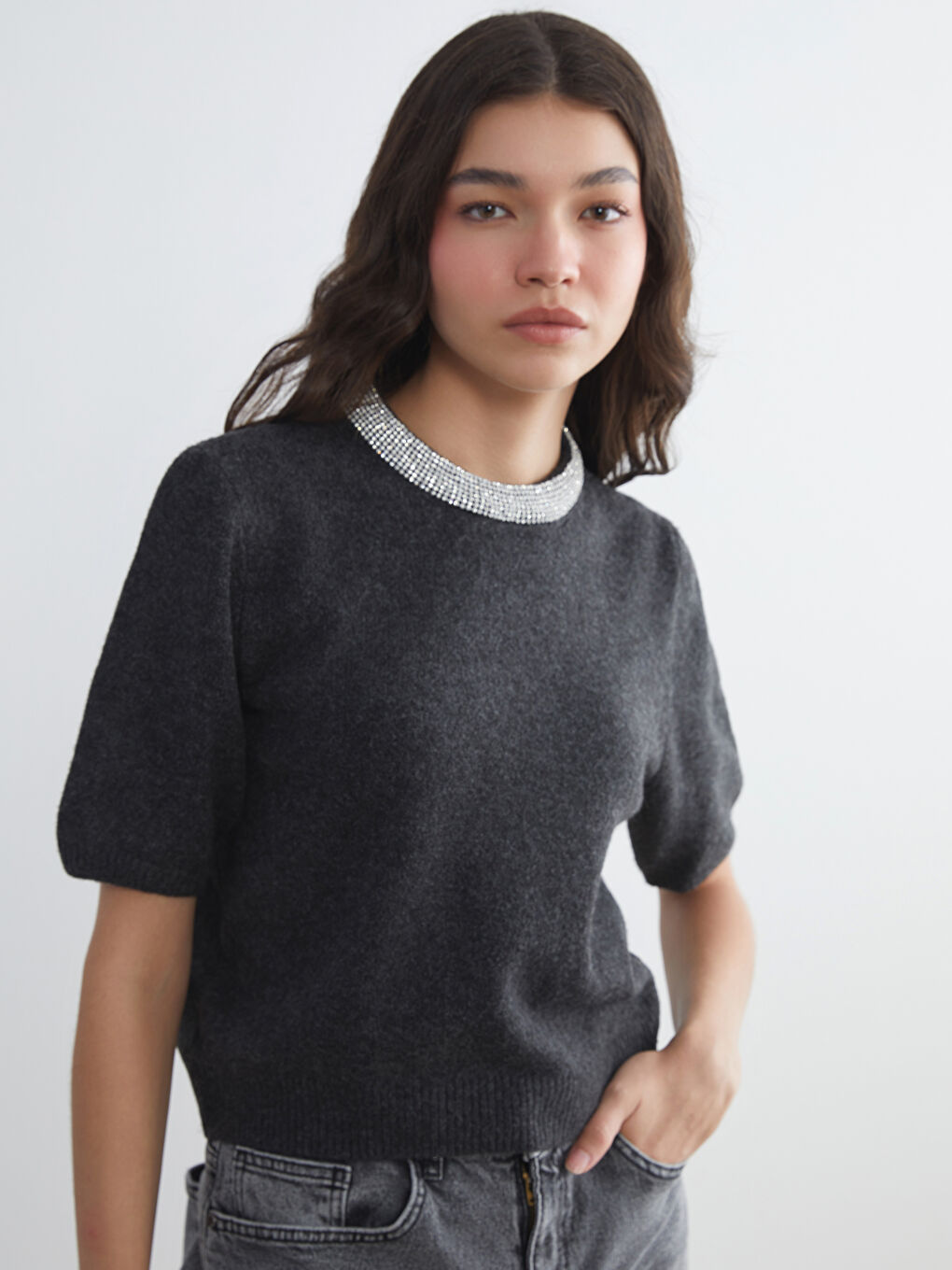 Crew Neck Rhinestone Embellished Women's Knit Sweater