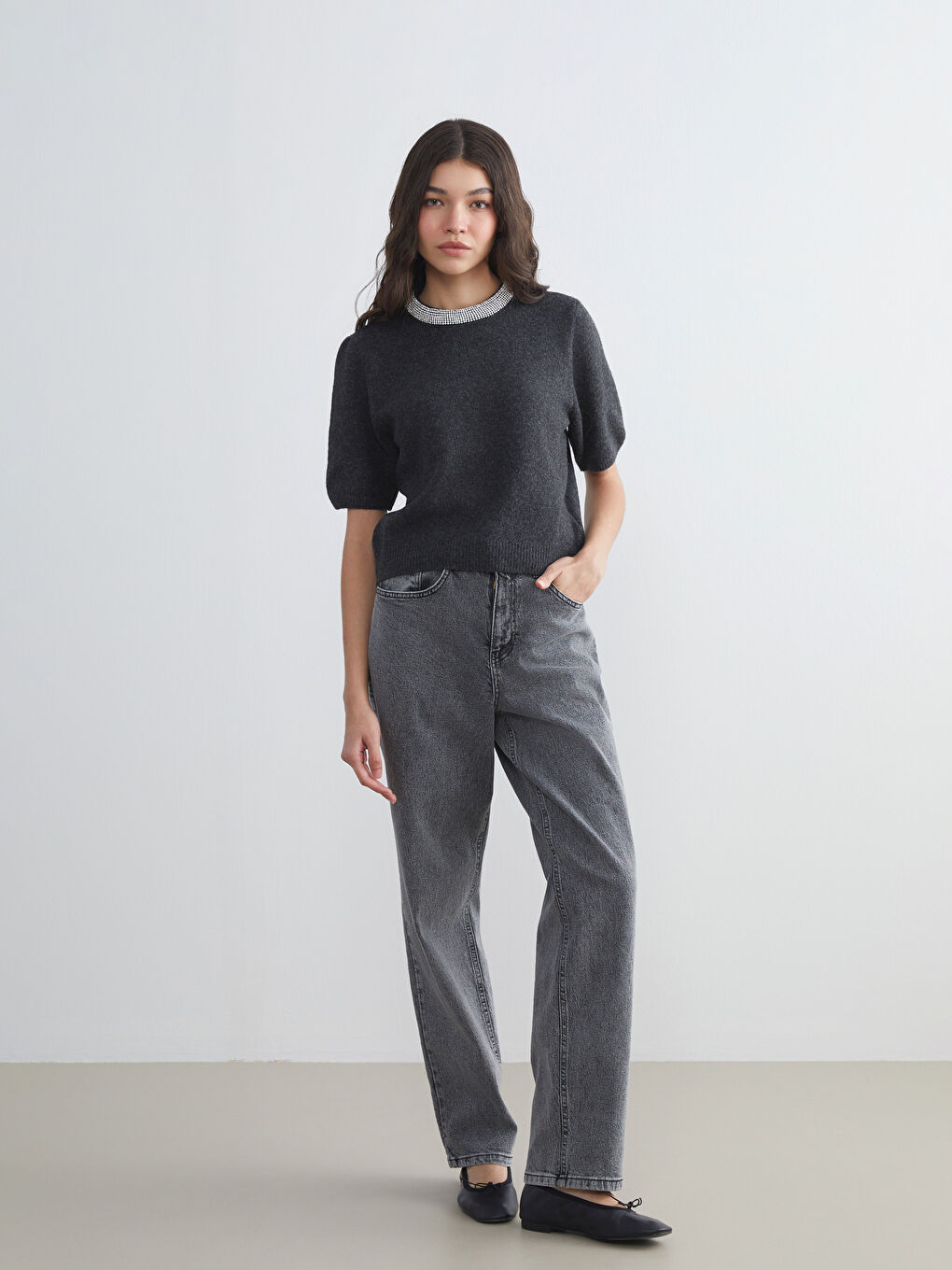 Crew Neck Rhinestone Embellished Women's Knit Sweater-1