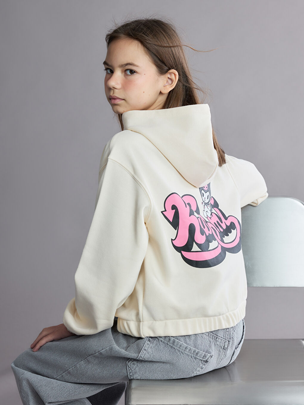 Bej Kapüşonlu Kuromi Baskılı Kız Çocuk Sweatshirt
