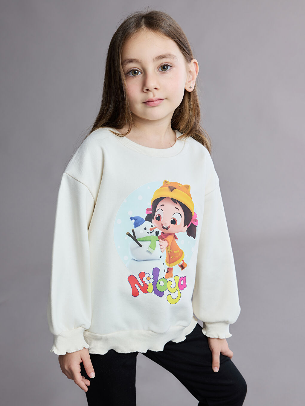 Ekru Niloya Baskılı Kız Çocuk Sweatshirt ve Tayt 2'li Takım