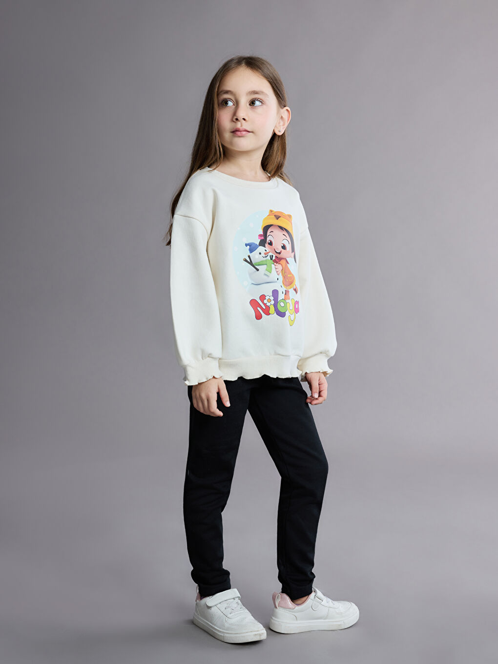 Ekru Niloya Baskılı Kız Çocuk Sweatshirt ve Tayt 2'li Takım-1