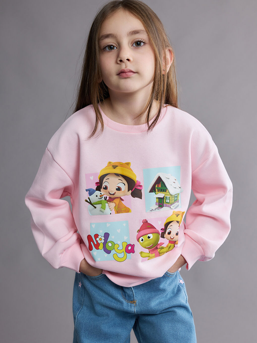 Pembe Bisiklet Yaka Niloya Baskılı Kız Çocuk Sweatshirt