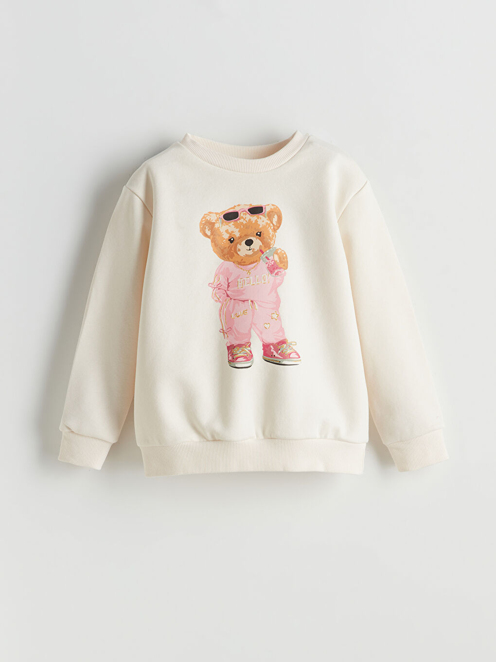 Ekru Ayı Teddy Baskılı Kız Çocuk Sweatshirt