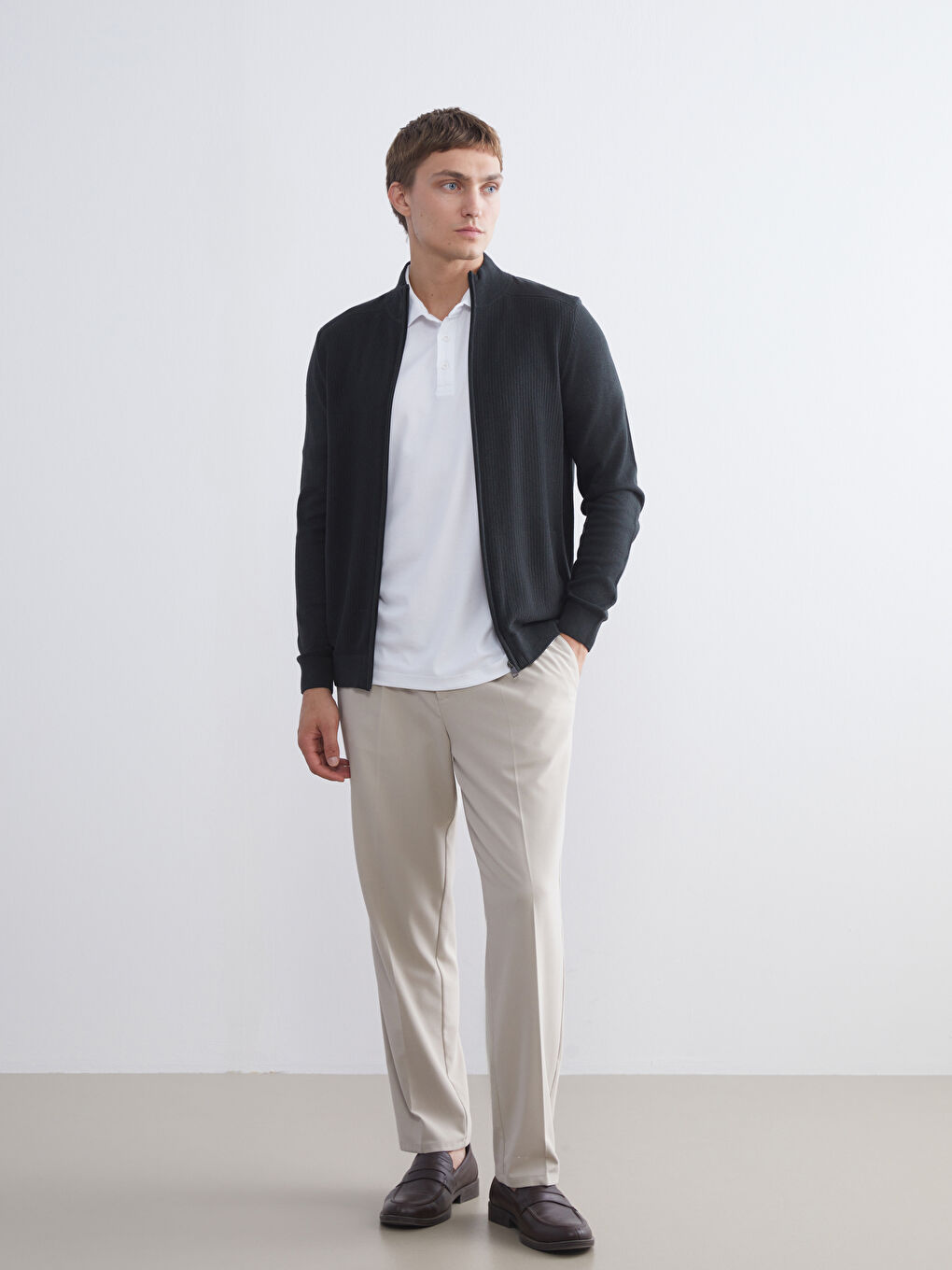 Regular Fit Funnel Neck Men's Knit Cardigan-1