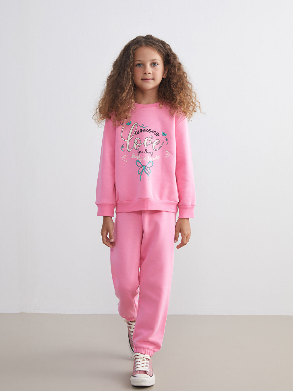 Pembe Baskılı Kız Çocuk Kalın Sweatshirt ve Eşofman Alt 2'li