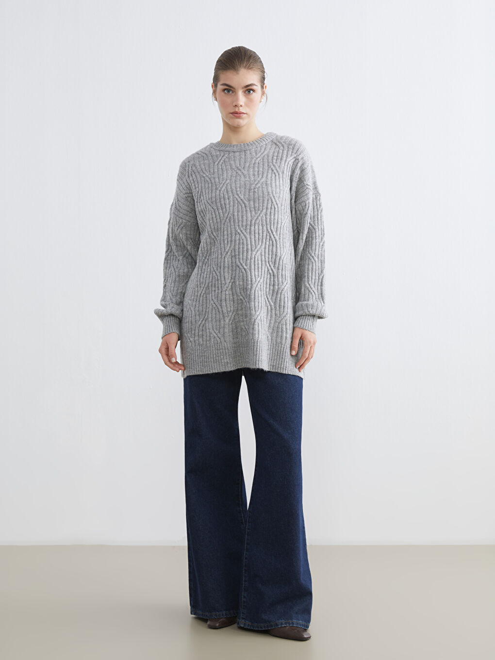 Crew Neck Self-Patterned Women's Knitwear Sweater-1