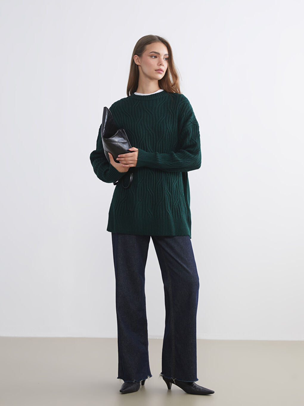 Yeşil Bisiklet Yaka Kendinden Desenli Kadın Triko Kazak-1