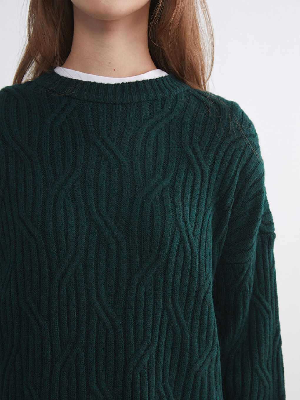 Yeşil Bisiklet Yaka Kendinden Desenli Kadın Triko Kazak-2