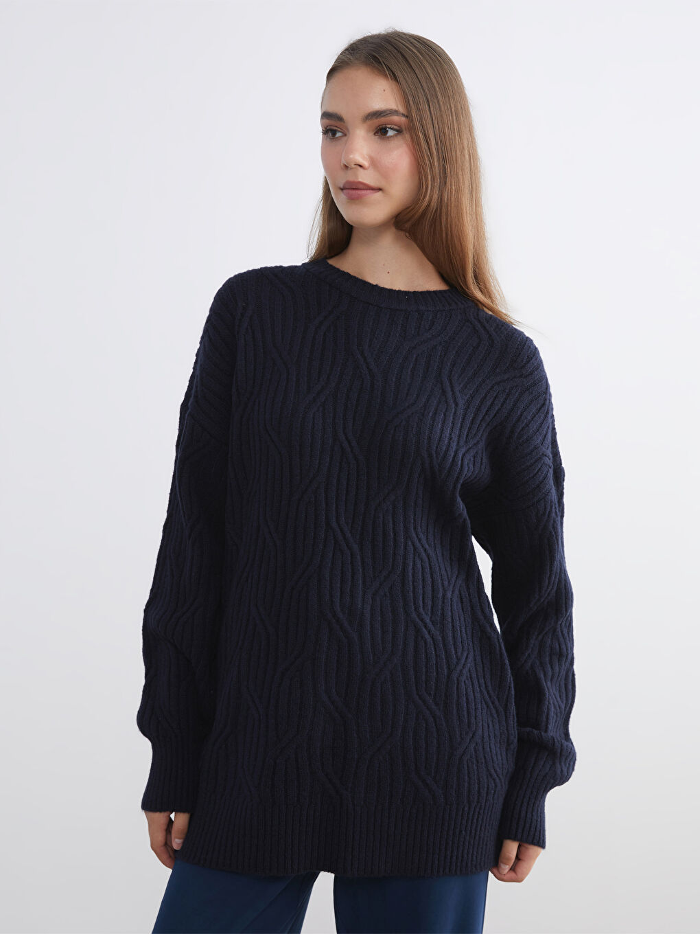Crew Neck Self-Patterned Women's Knitwear Sweater