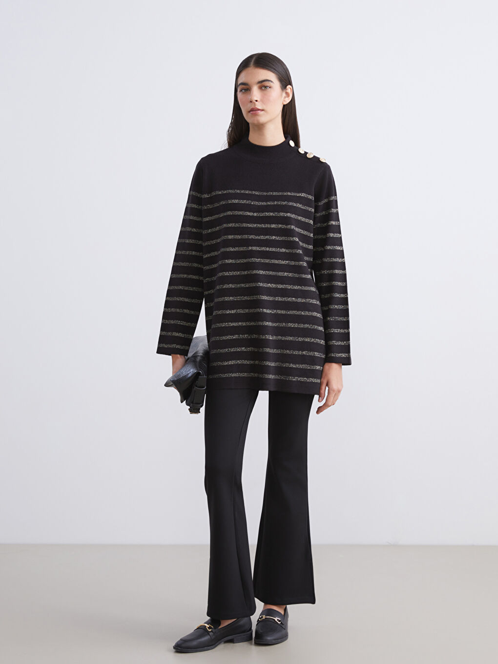 Half Turtleneck Striped Women's Knitwear Tunic-1