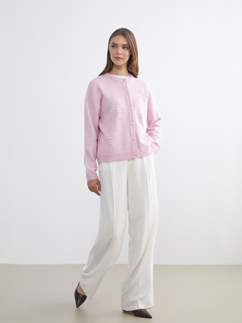 Crew Neck Beaded Women's Knit Cardigan-1