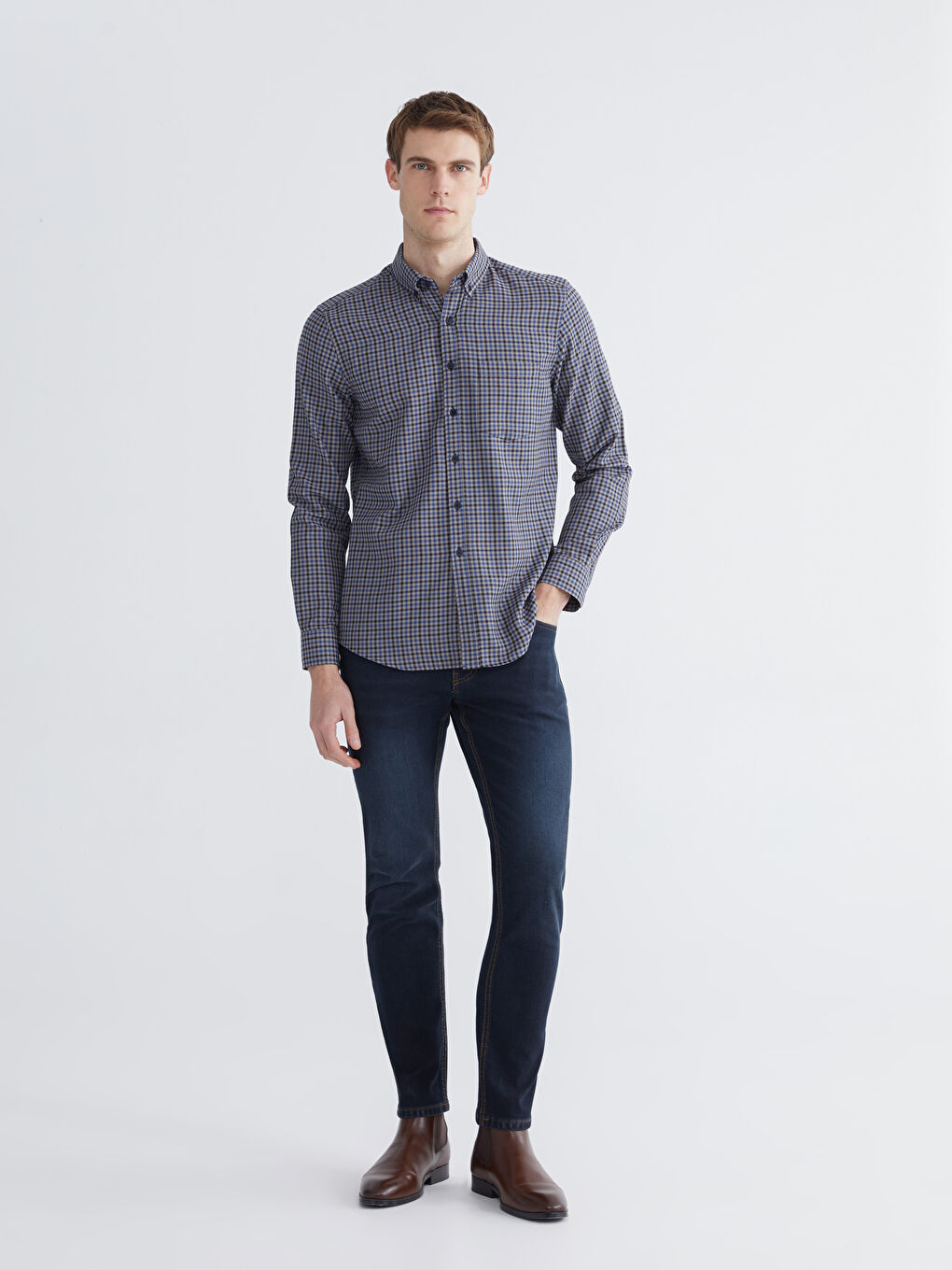 Mavi Regular Fit Uzun Kollu Ekose Gabardin Erkek Gömlek-1