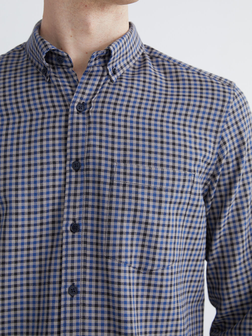 Mavi Regular Fit Uzun Kollu Ekose Gabardin Erkek Gömlek-2
