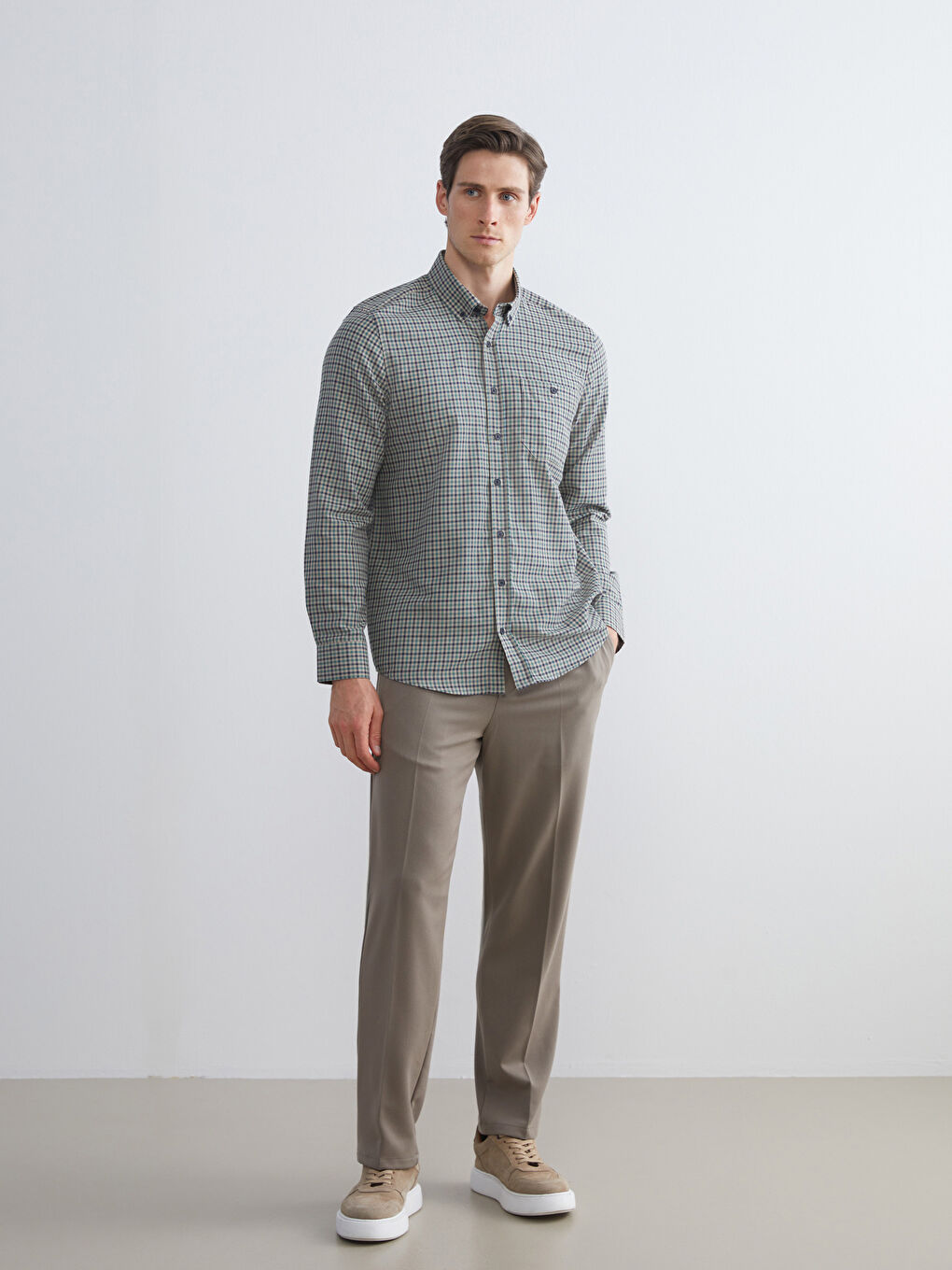 Yeşil Regular Fit Uzun Kollu Ekose Gabardin Erkek Gömlek-1