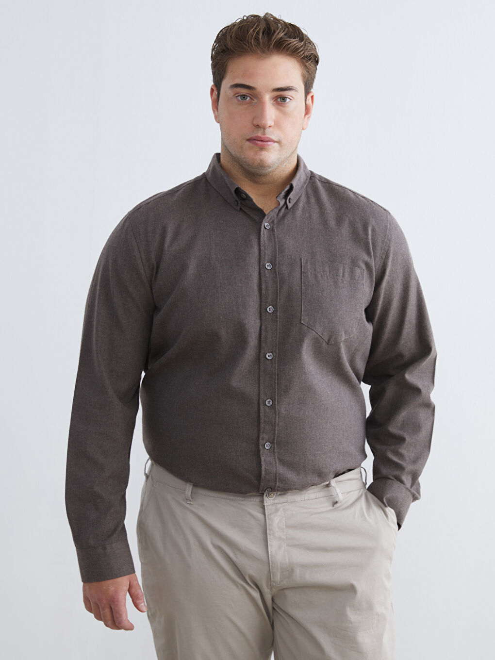 Kahverengi Regular Fit Uzun Kollu Gabardin Erkek Gömlek-1