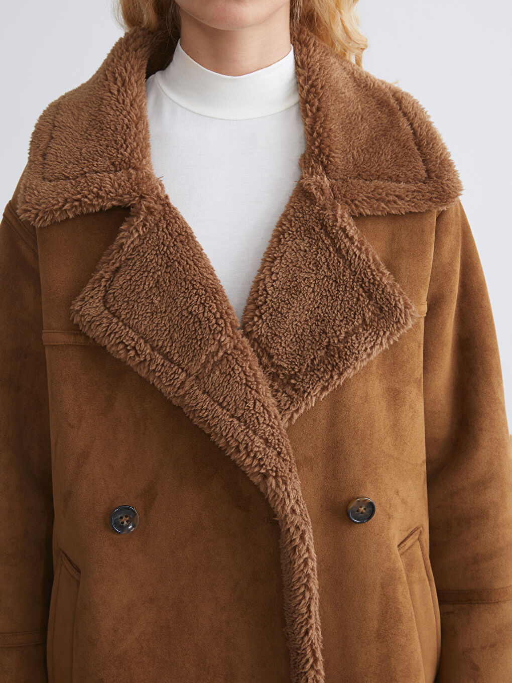 Kahverengi Kürklü Yaka Kadın Süet Kaban-2