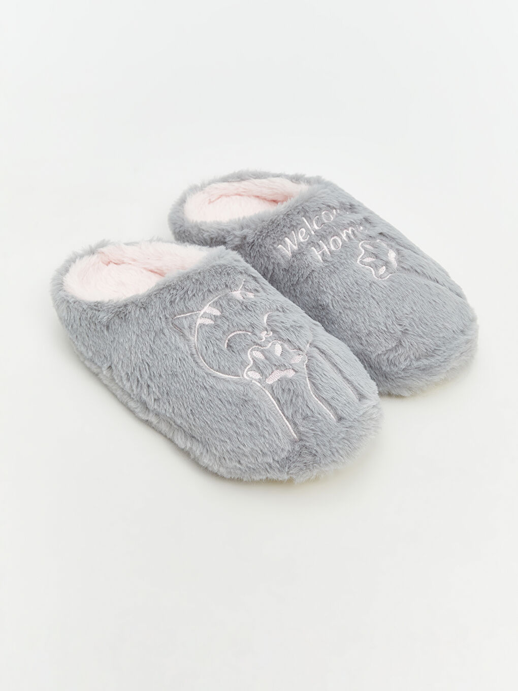 Gri Kedi Nakışlı Kadın Ev Terliği