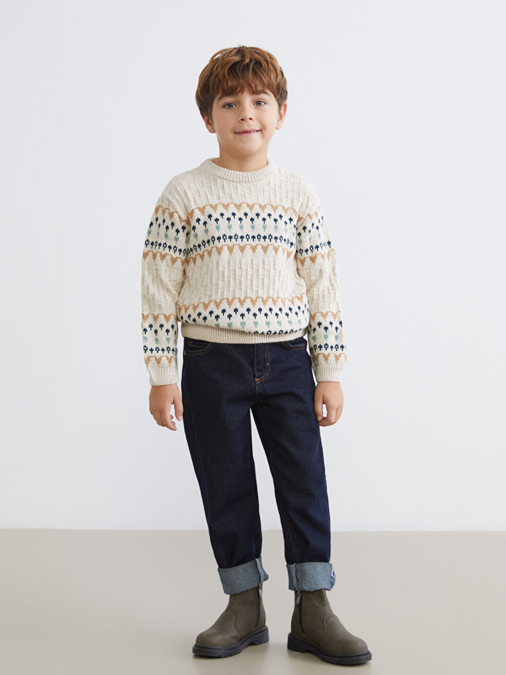 Bej Bisiklet Yaka Desenli Erkek Çocuk Triko Kazak-1