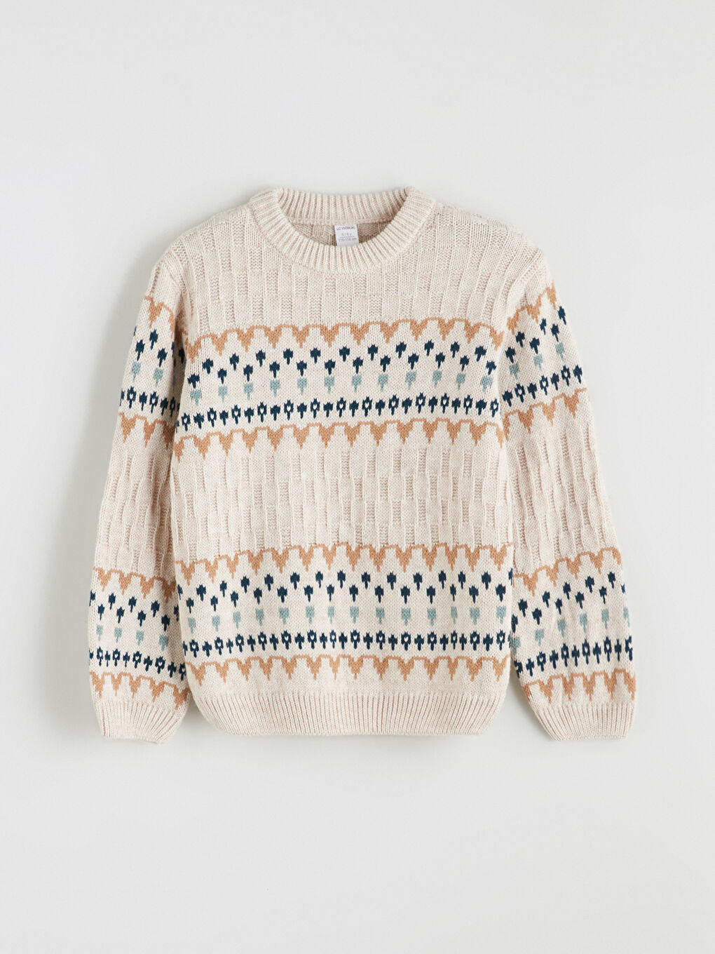 Bej Bisiklet Yaka Desenli Erkek Çocuk Triko Kazak-2