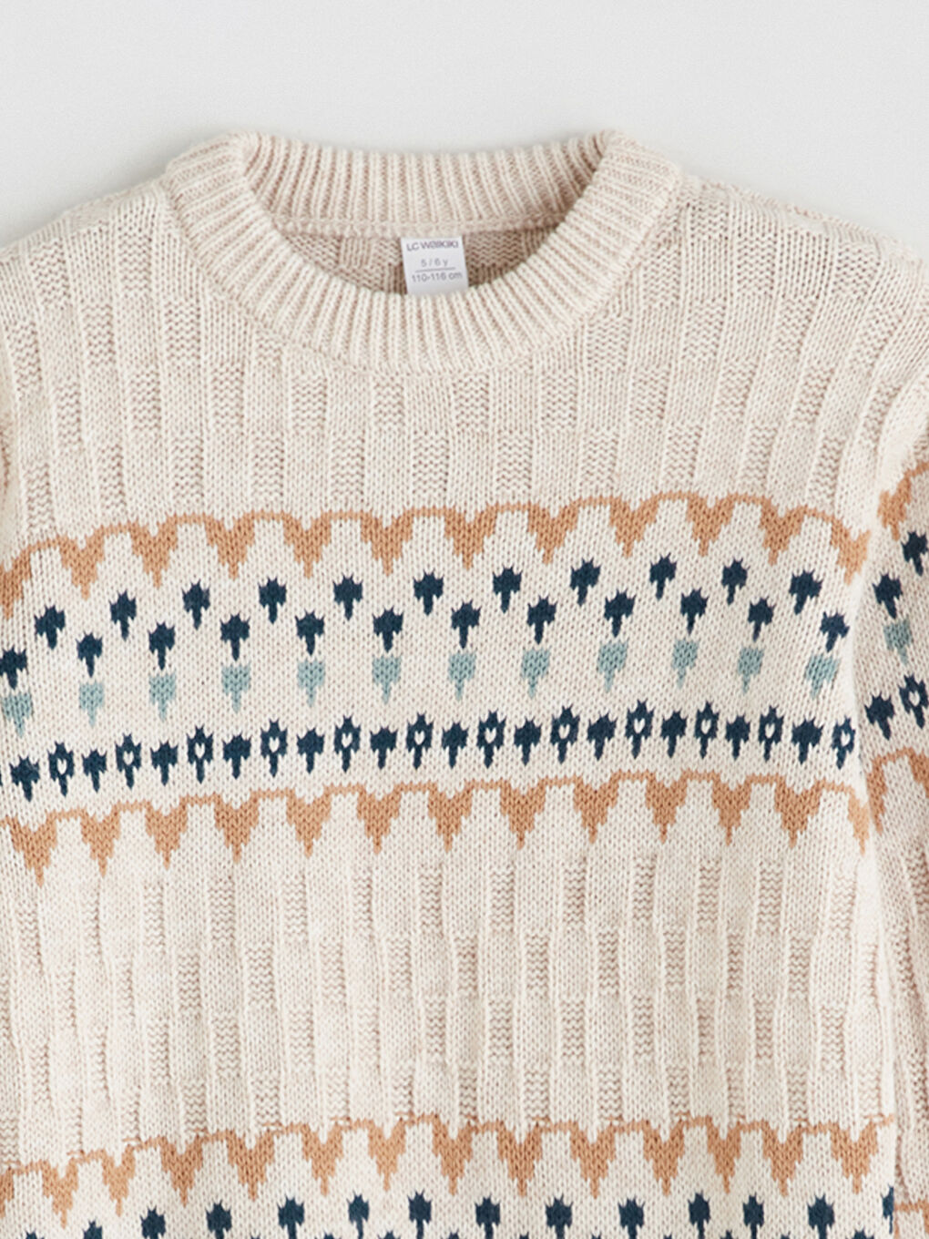 Bej Bisiklet Yaka Desenli Erkek Çocuk Triko Kazak-3