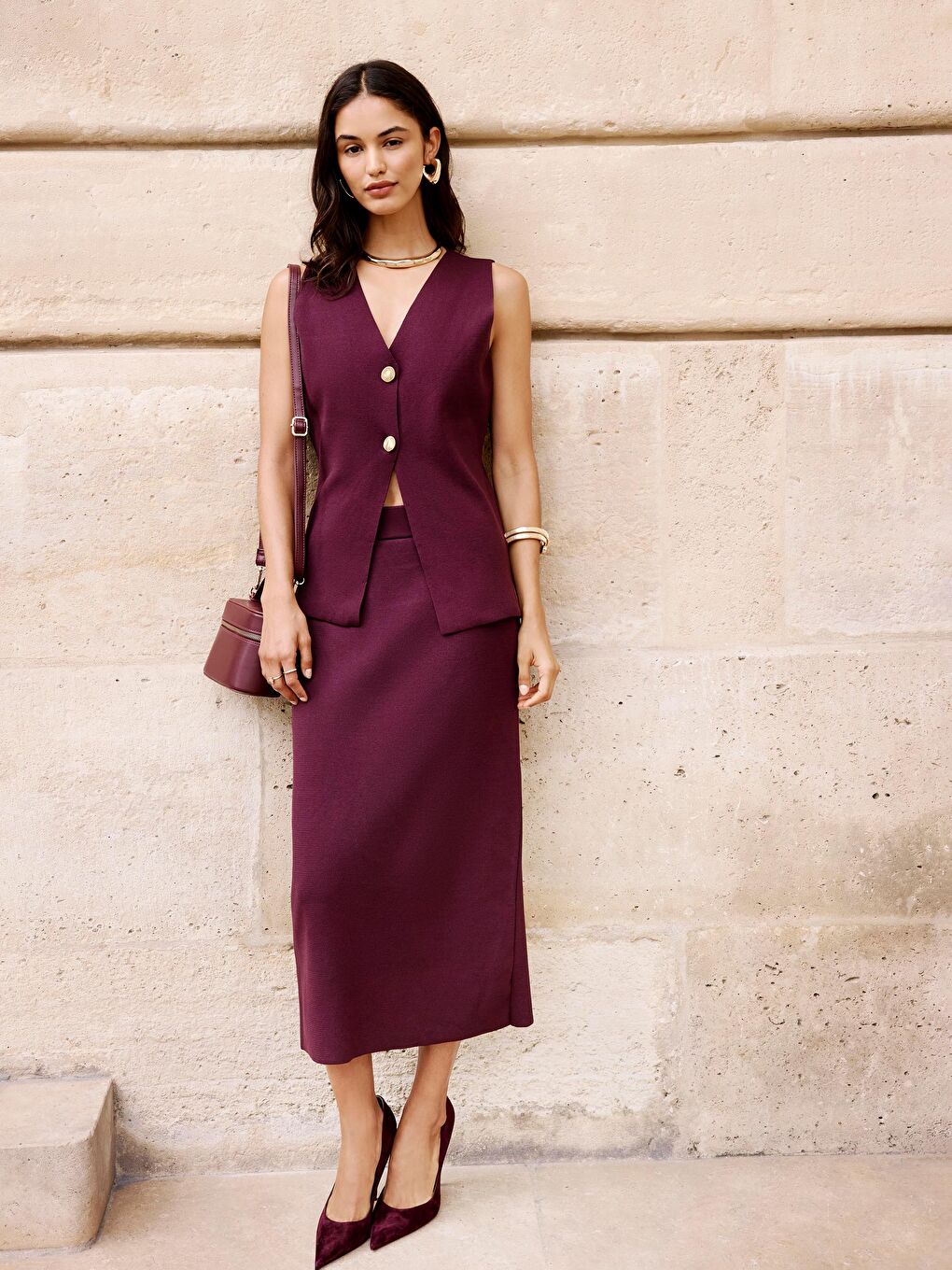 Bordo Beli Lastikli Triko Etek