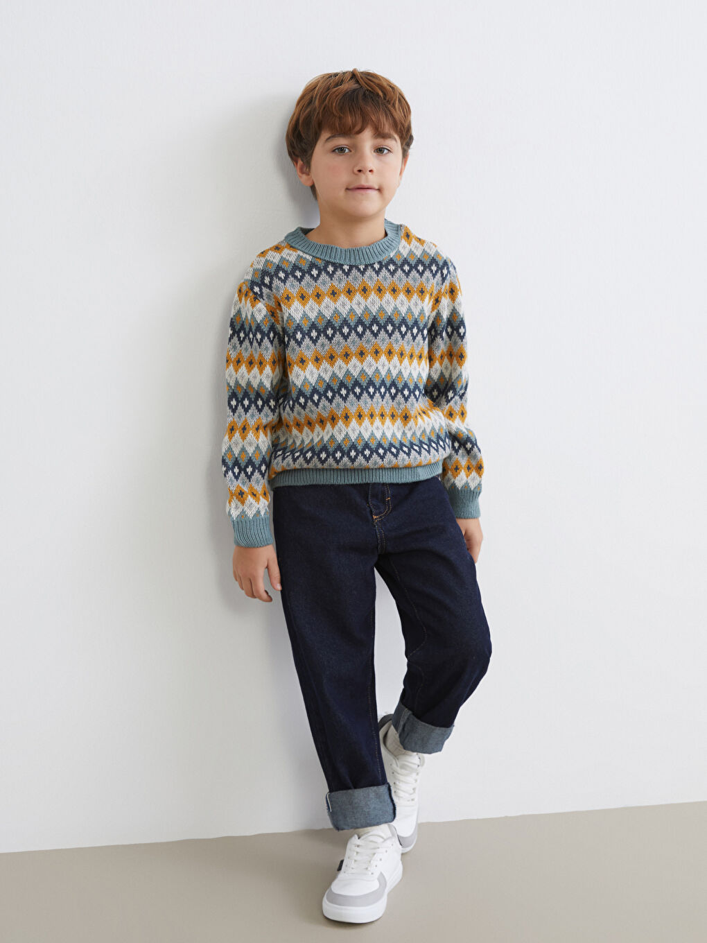 Gri Baklava Desenli Erkek Çocuk Triko Kazak-1