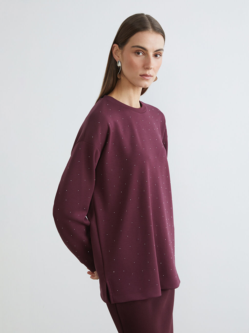 Mürdüm Taşlı Oversize Kadın Sweatshirt Tunik