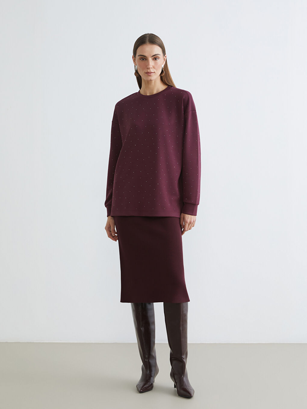 Mürdüm Taşlı Oversize Kadın Sweatshirt Tunik-1