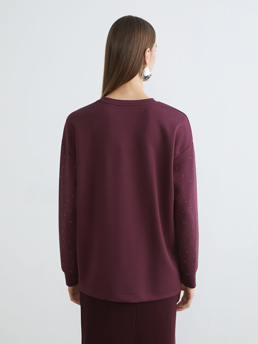 Mürdüm Taşlı Oversize Kadın Sweatshirt Tunik-3