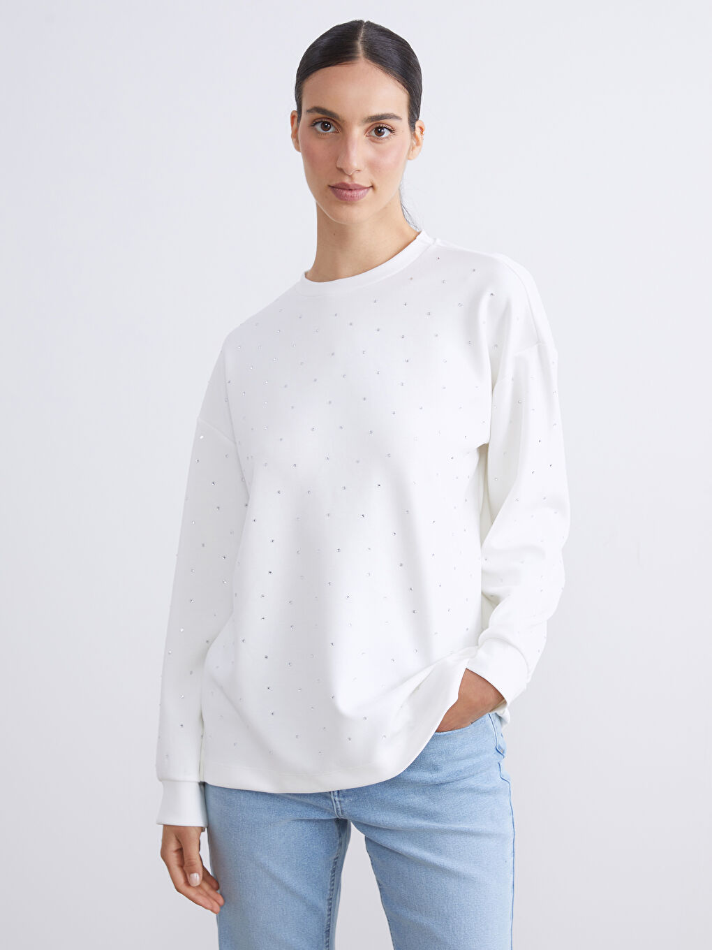 Ekru Taşlı Oversize Kadın Sweatshirt Tunik