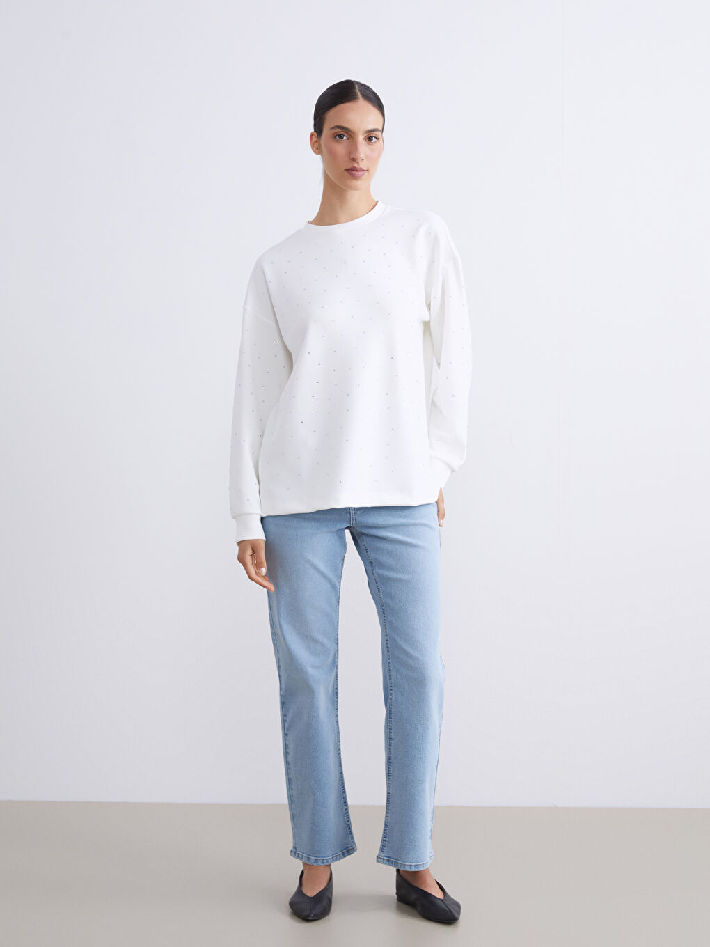 Ekru Taşlı Oversize Kadın Sweatshirt Tunik-1