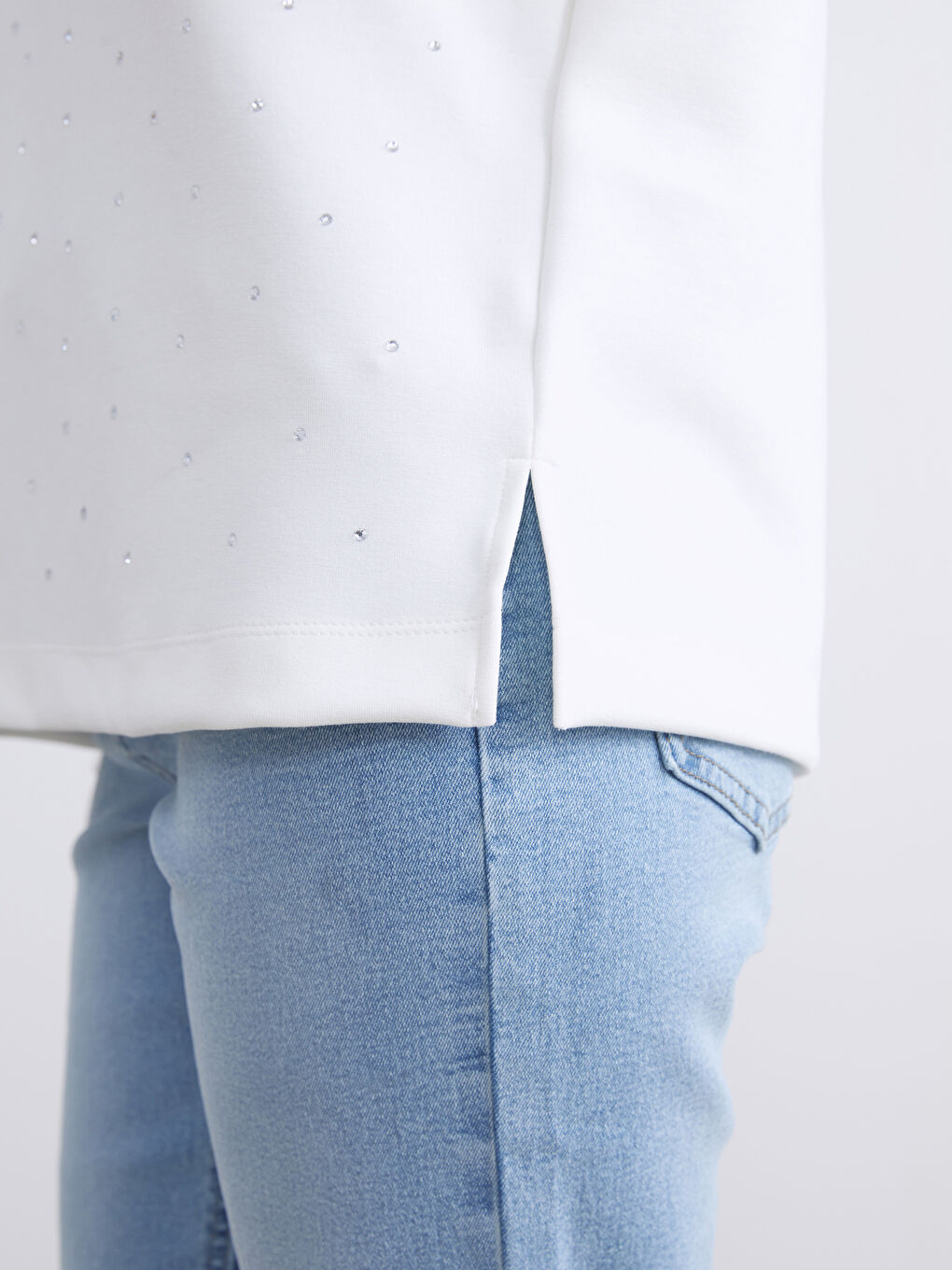 Ekru Taşlı Oversize Kadın Sweatshirt Tunik-2