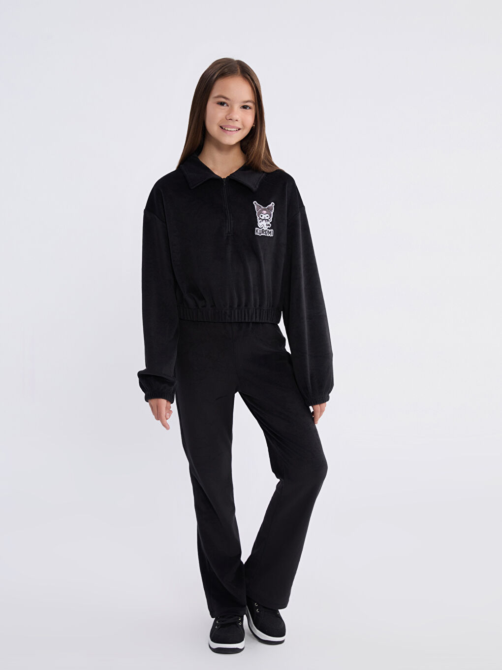 Siyah Polo Yaka Kuromi Nakışlı Kız Çocuk Sweatshirt ve Tayt-1