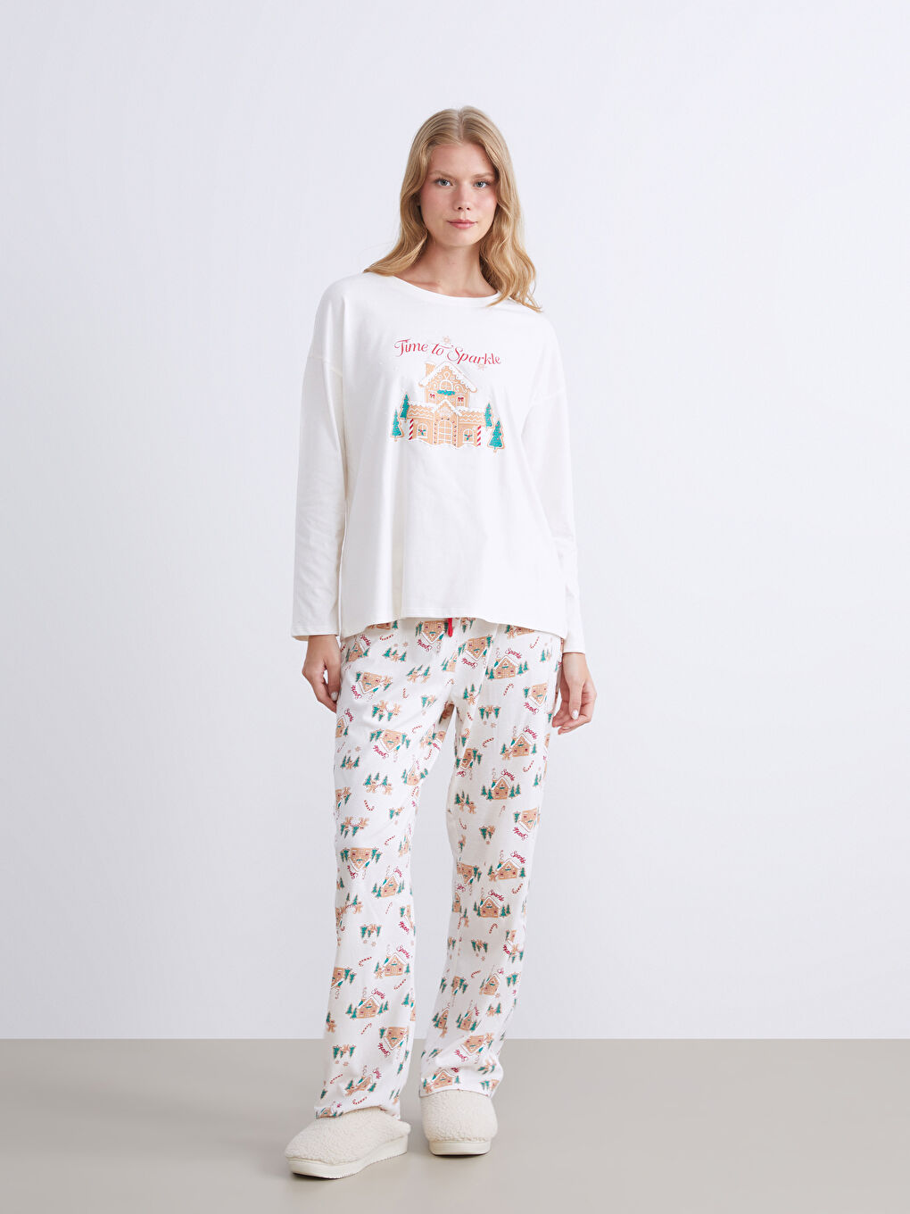 Ekru Beli Lastikli Yılbaşı Temalı Kadın Pijama Altı