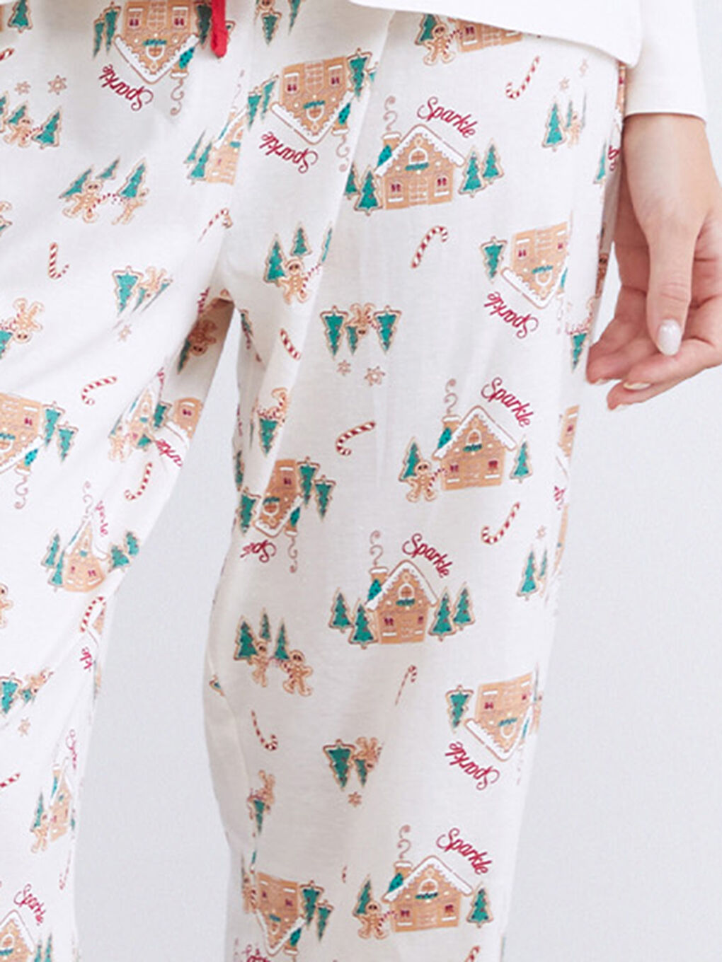 Ekru Beli Lastikli Yılbaşı Temalı Kadın Pijama Altı-1