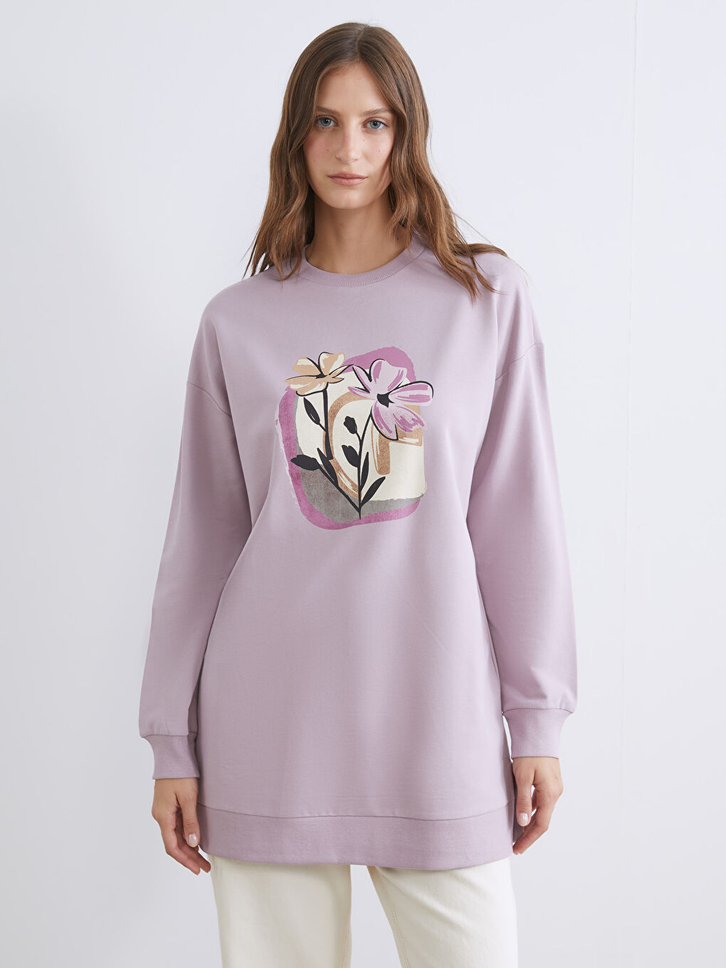 Lila Çiçekli Oversize Kadın Sweatshirt Tunik