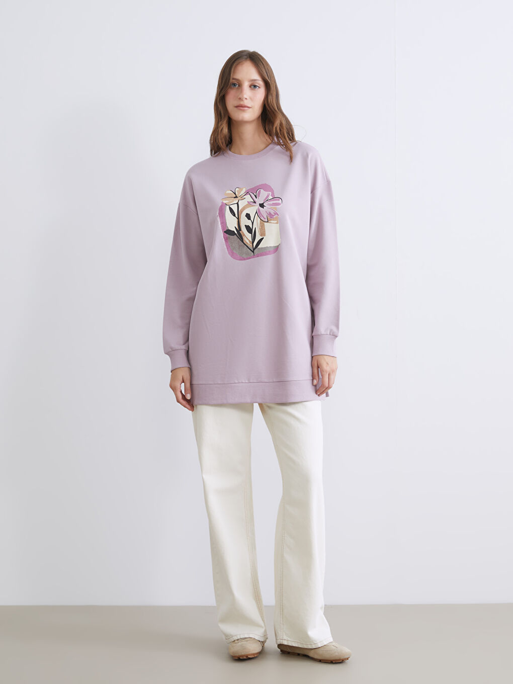 Lila Çiçekli Oversize Kadın Sweatshirt Tunik-1