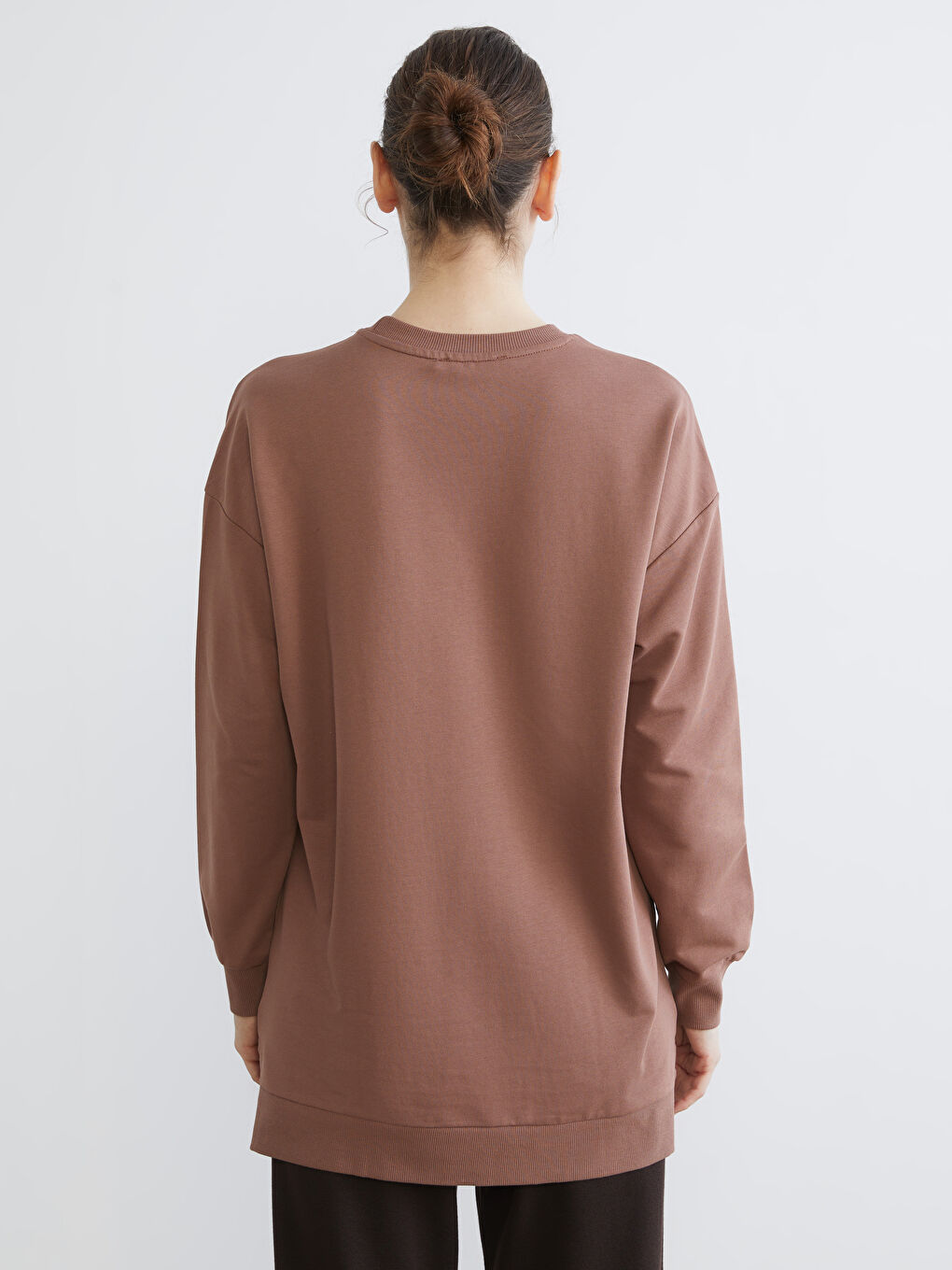 Kahverengi Baskılı Oversize Kadın Sweatshirt Tunik-3