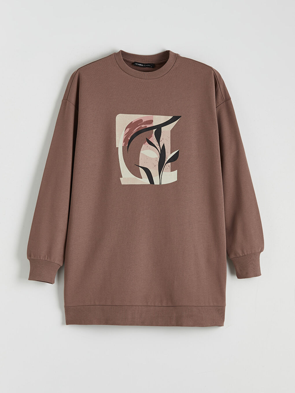 Kahverengi Baskılı Oversize Kadın Sweatshirt Tunik-4