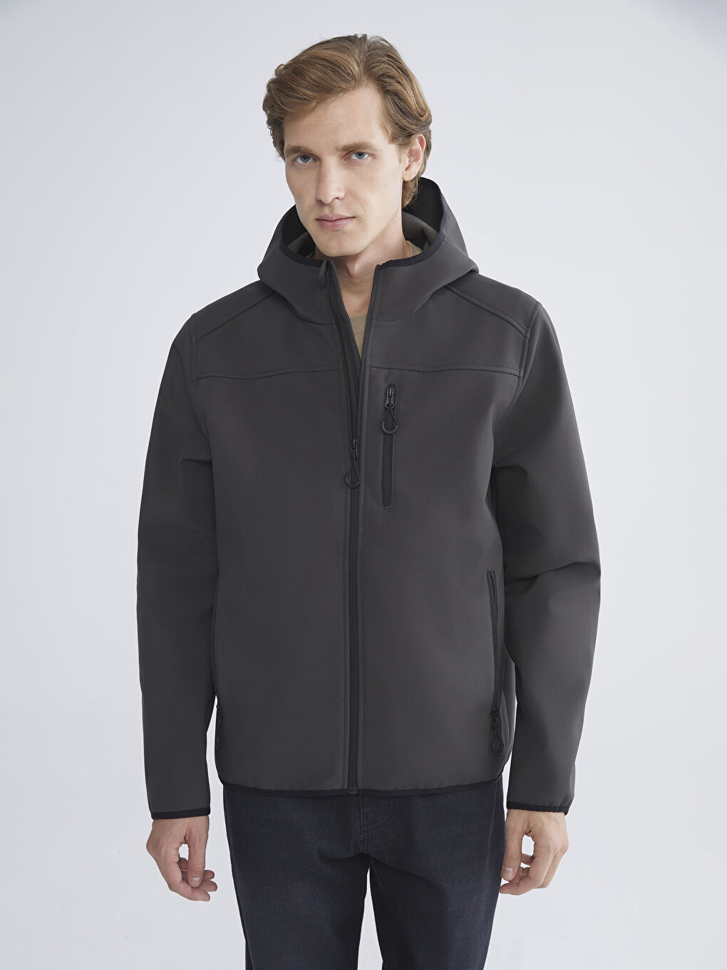 Gri Standart Kalıp Kapüşonlu Erkek Mont