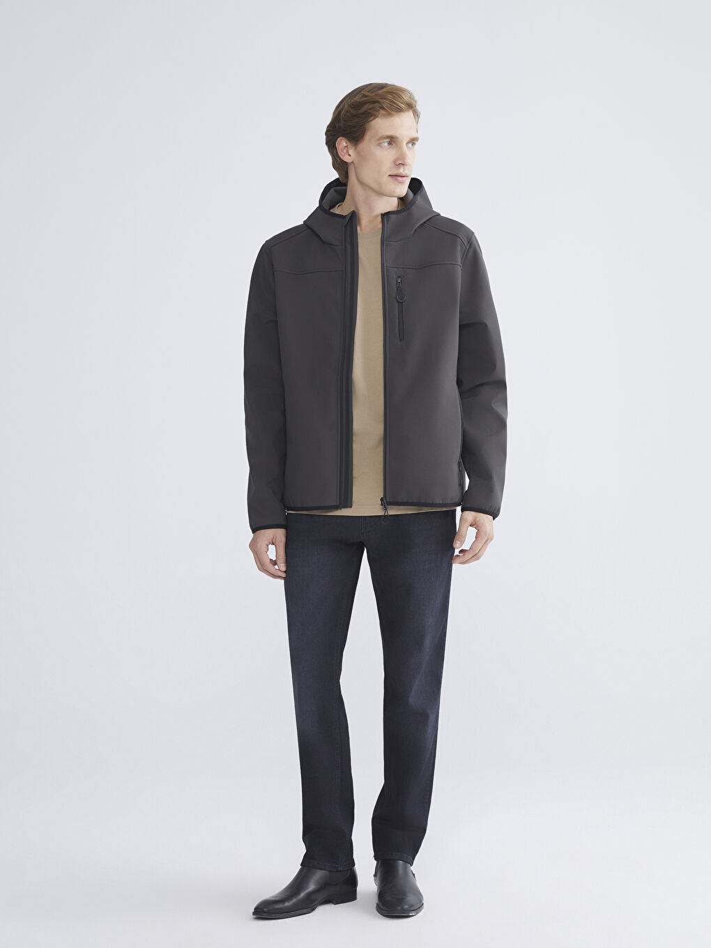 Gri Standart Kalıp Kapüşonlu Erkek Mont-1