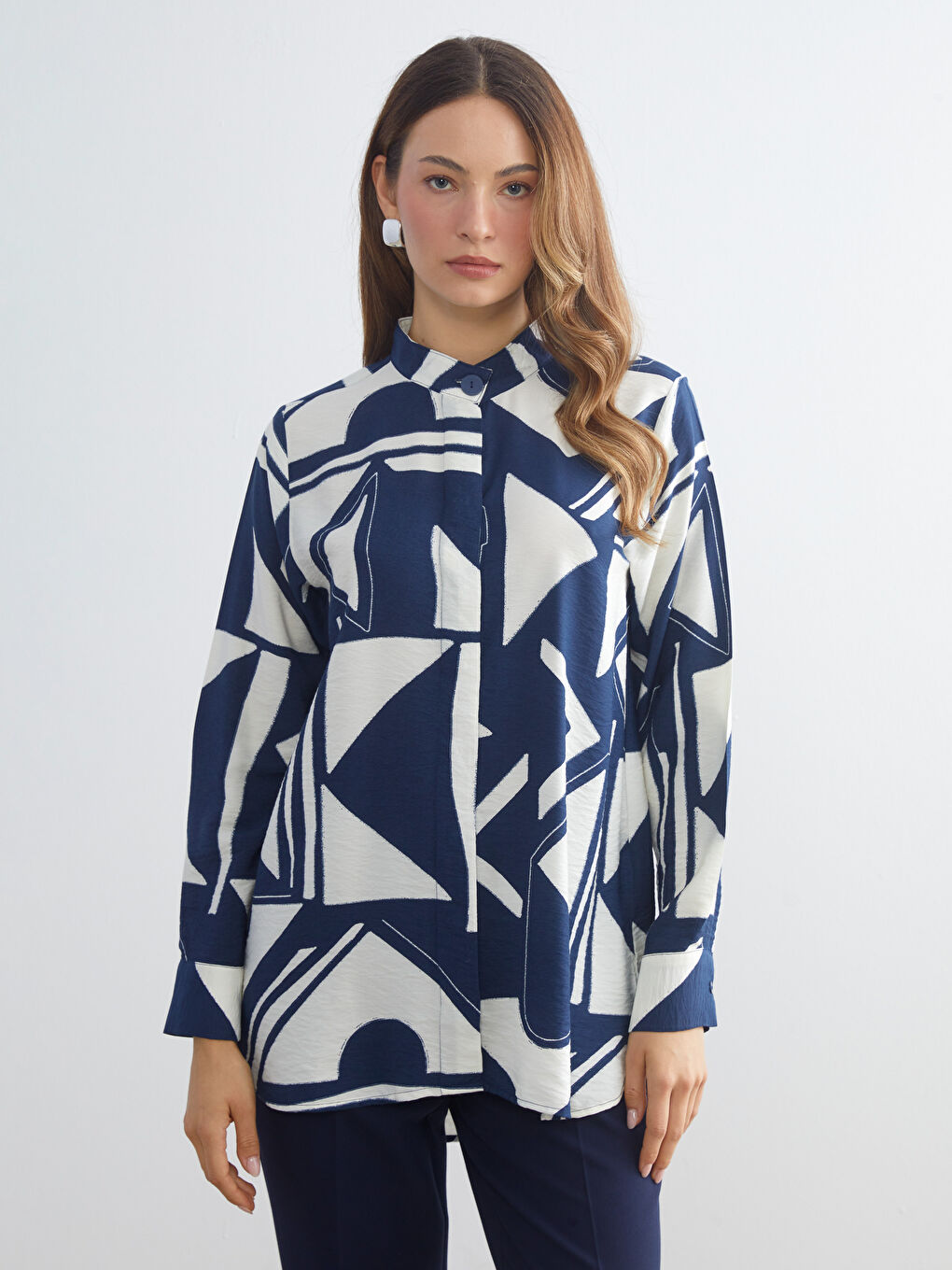 Grandad Collar Patterned Women's Shirt Tunic