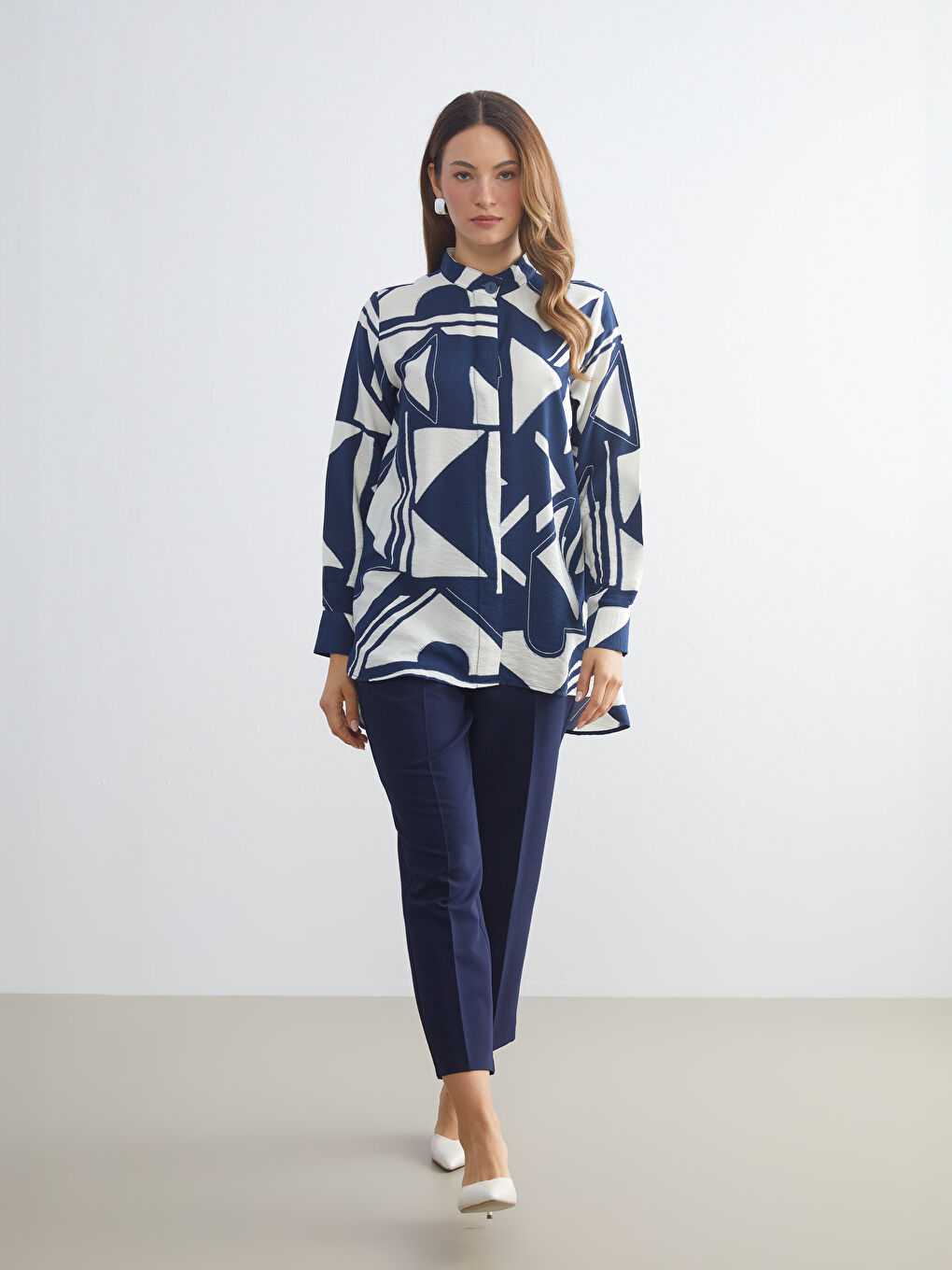 Grandad Collar Patterned Women's Shirt Tunic-1